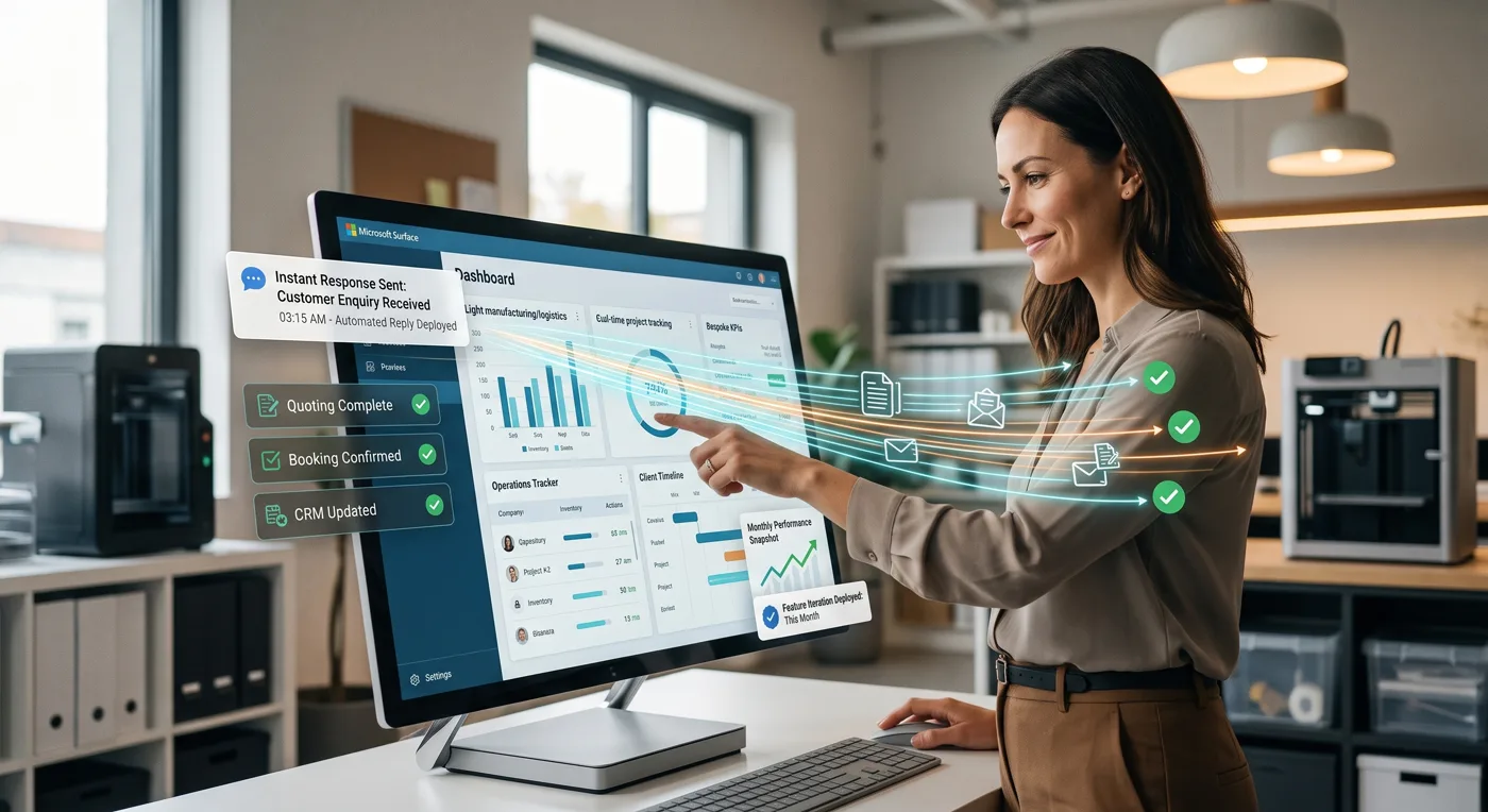 Business owner reviewing automated enquiries, quotes and bookings on screen