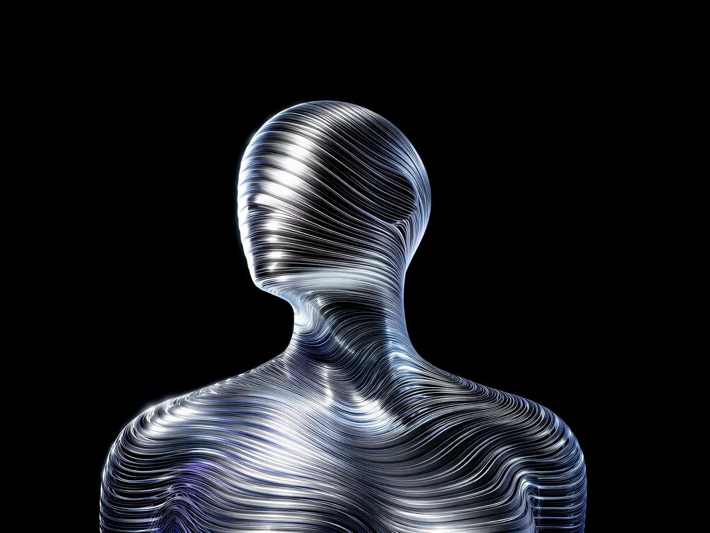 Chrome human figure in profile, lit in silver and cyan